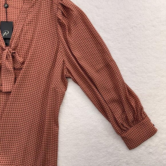 Adrianna Papell Tie Neck Popover Blouse Elegant Dusty Pink Geo Print Plus 2X NWT - Picture 6 of 12